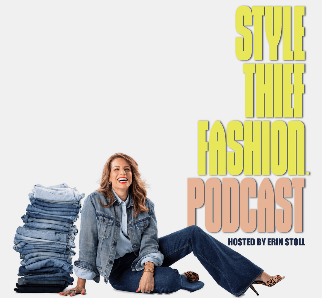 Erin Stoll sitting next to a pile of her vast denim collection next to large text reading style thief fashion podcast hosted by erin stoll
